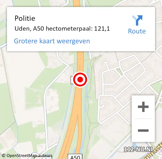 Locatie op kaart van de 112 melding: Politie Uden, A50 hectometerpaal: 121,1 op 7 augustus 2022 12:24