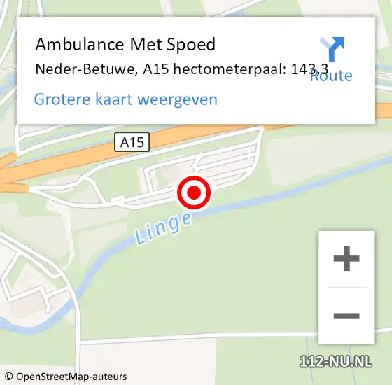 Locatie op kaart van de 112 melding: Ambulance Met Spoed Naar Neder-Betuwe, A15 hectometerpaal: 143,3 op 7 augustus 2022 12:42
