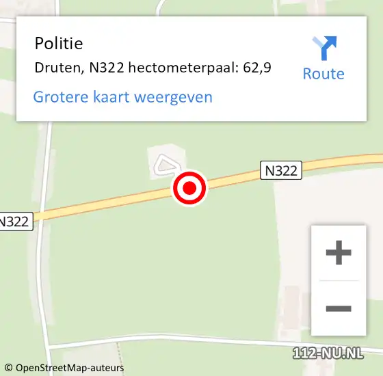 Locatie op kaart van de 112 melding: Politie Druten, N322 hectometerpaal: 62,9 op 7 augustus 2022 19:38