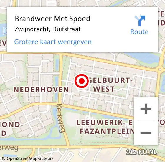 Locatie op kaart van de 112 melding: Brandweer Met Spoed Naar Zwijndrecht, Duifstraat op 8 augustus 2022 01:28