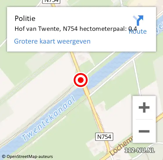 Locatie op kaart van de 112 melding: Politie Hof van Twente, N754 hectometerpaal: 0,4 op 8 augustus 2022 12:24