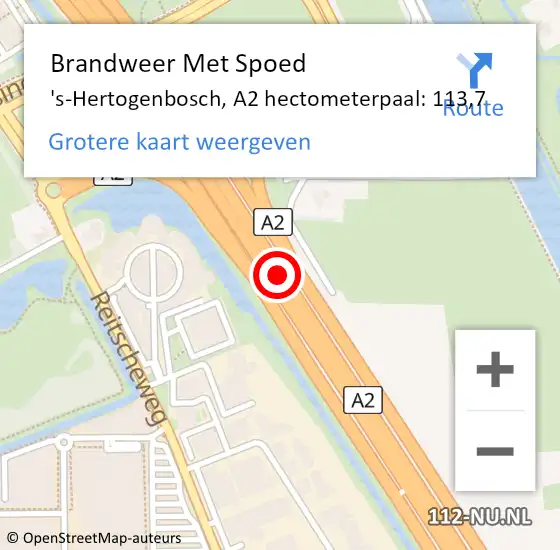Locatie op kaart van de 112 melding: Brandweer Met Spoed Naar 's-Hertogenbosch, A2 hectometerpaal: 113,7 op 8 augustus 2022 14:51