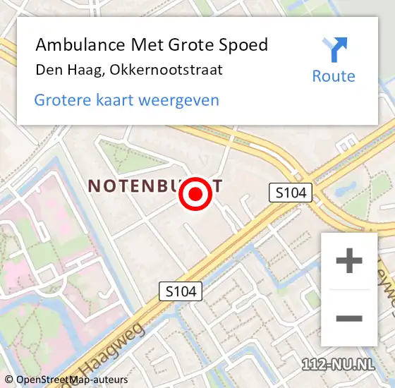 Locatie op kaart van de 112 melding: Ambulance Met Grote Spoed Naar Den Haag, Okkernootstraat op 8 augustus 2022 20:48