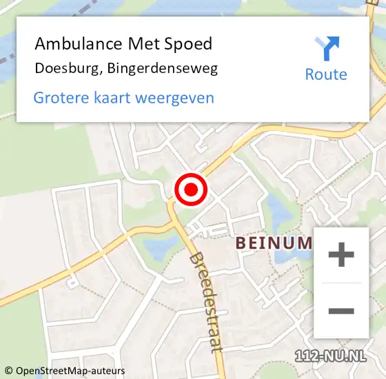 Locatie op kaart van de 112 melding: Ambulance Met Spoed Naar Doesburg, Bingerdenseweg op 8 augustus 2022 22:01