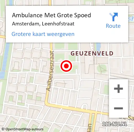 Locatie op kaart van de 112 melding: Ambulance Met Grote Spoed Naar Amsterdam, Leenhofstraat op 8 augustus 2022 23:11