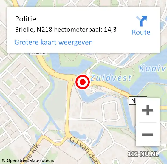 Locatie op kaart van de 112 melding: Politie Brielle, N218 hectometerpaal: 14,3 op 9 augustus 2022 07:51