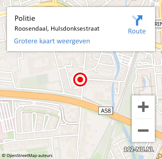 Locatie op kaart van de 112 melding: Politie Roosendaal, Hulsdonksestraat op 9 augustus 2022 13:45