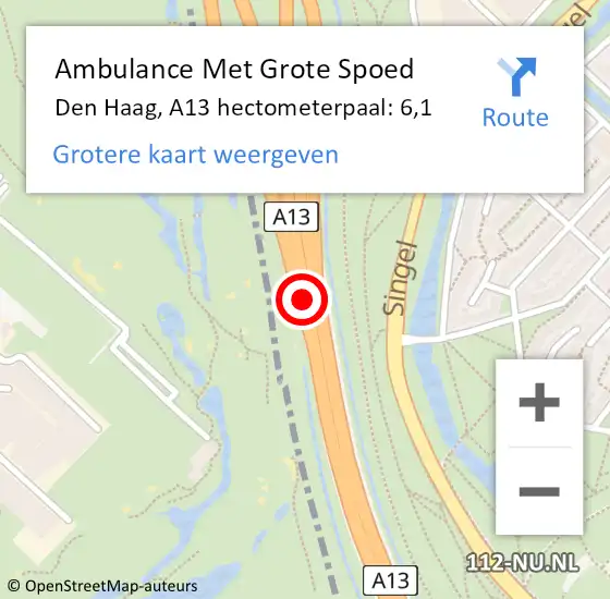Locatie op kaart van de 112 melding: Ambulance Met Grote Spoed Naar Den Haag, A13 hectometerpaal: 6,1 op 9 augustus 2022 17:39