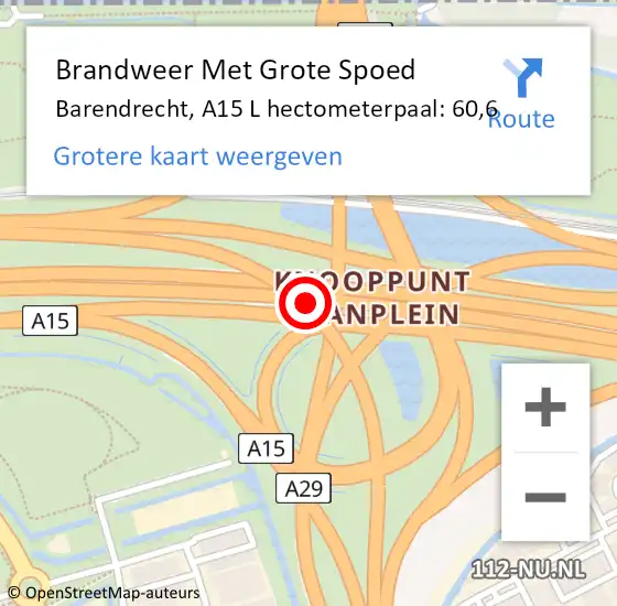 Locatie op kaart van de 112 melding: Brandweer Met Grote Spoed Naar Barendrecht, A15 L hectometerpaal: 60,6 op 25 juli 2014 20:03