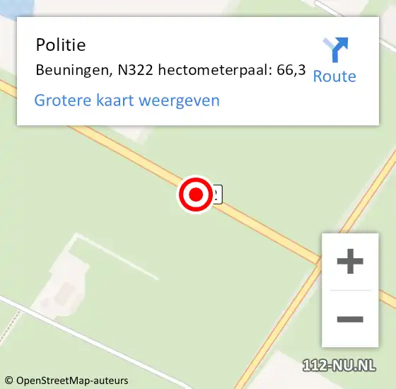 Locatie op kaart van de 112 melding: Politie Beuningen, N322 hectometerpaal: 66,3 op 9 augustus 2022 22:26