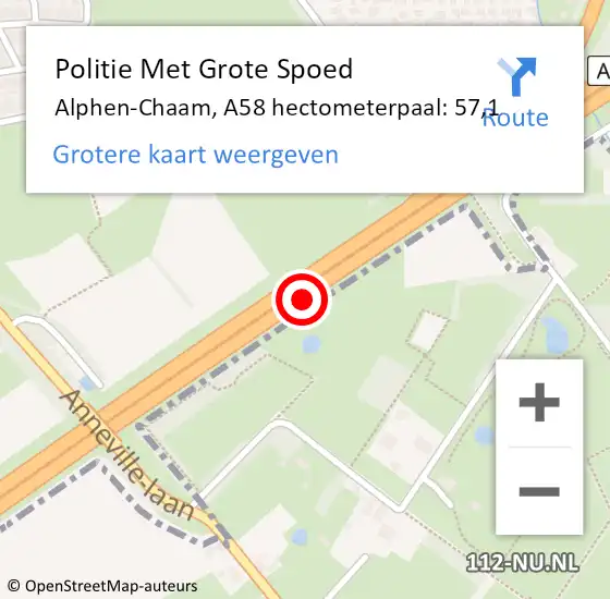 Locatie op kaart van de 112 melding: Politie Met Grote Spoed Naar Alphen-Chaam, A58 hectometerpaal: 57,1 op 10 augustus 2022 17:26