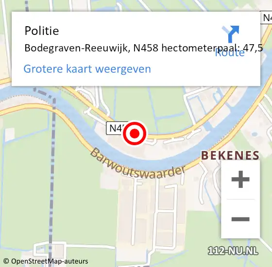 Locatie op kaart van de 112 melding: Politie Bodegraven-Reeuwijk, N458 hectometerpaal: 47,5 op 10 augustus 2022 20:41