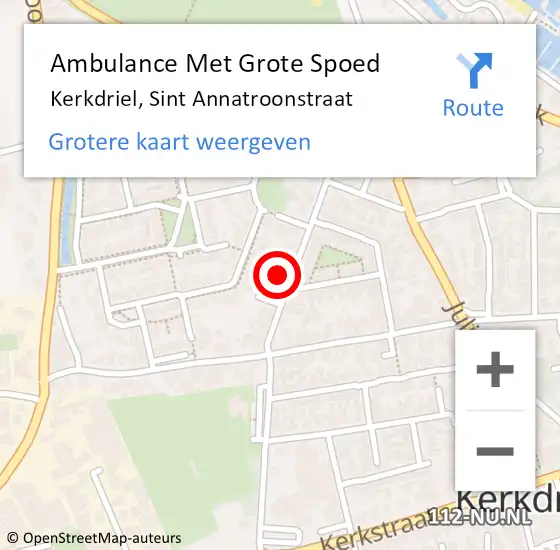 Locatie op kaart van de 112 melding: Ambulance Met Grote Spoed Naar Kerkdriel, Sint Annatroonstraat op 10 augustus 2022 21:31