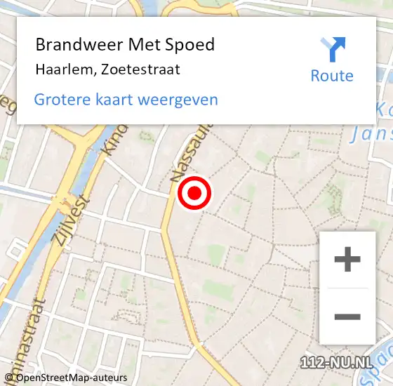 Locatie op kaart van de 112 melding: Brandweer Met Spoed Naar Haarlem, Zoetestraat op 11 augustus 2022 09:21