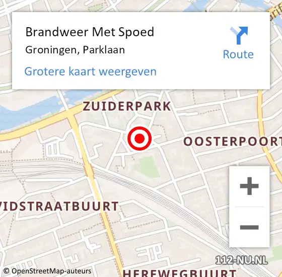 Locatie op kaart van de 112 melding: Brandweer Met Spoed Naar Groningen, Parklaan op 11 augustus 2022 10:16