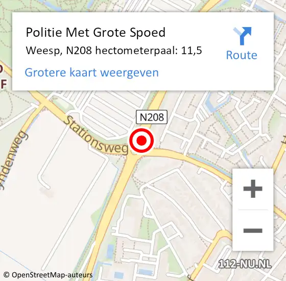 Locatie op kaart van de 112 melding: Politie Met Grote Spoed Naar Weesp, N208 hectometerpaal: 11,5 op 11 augustus 2022 10:55