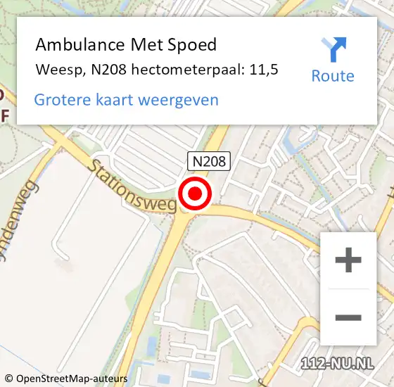 Locatie op kaart van de 112 melding: Ambulance Met Spoed Naar Weesp, N208 hectometerpaal: 11,5 op 11 augustus 2022 10:56