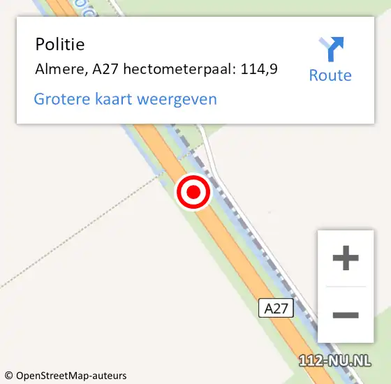 Locatie op kaart van de 112 melding: Politie Almere, A27 hectometerpaal: 114,9 op 11 augustus 2022 16:20