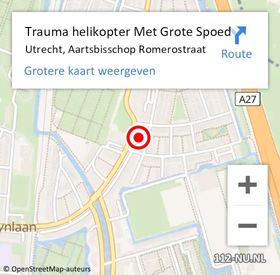 Locatie op kaart van de 112 melding: Trauma helikopter Met Grote Spoed Naar Utrecht, Aartsbisschop Romerostraat op 11 augustus 2022 23:44