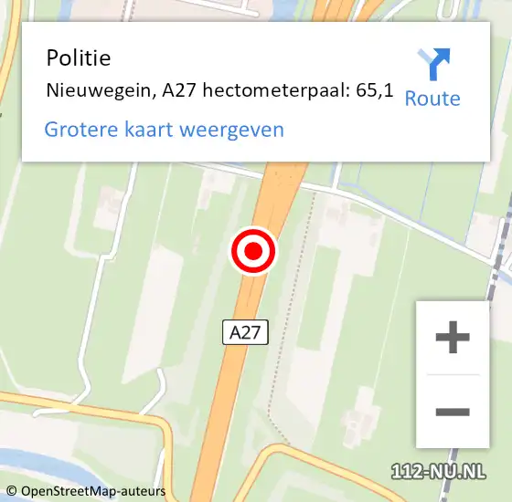 Locatie op kaart van de 112 melding: Politie Nieuwegein, A27 hectometerpaal: 65,1 op 12 augustus 2022 08:50