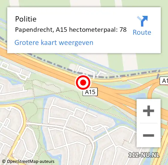 Locatie op kaart van de 112 melding: Politie Papendrecht, A15 hectometerpaal: 78 op 12 augustus 2022 21:36