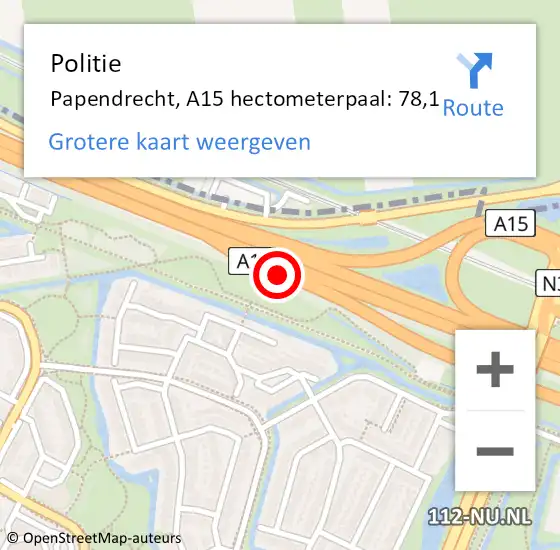 Locatie op kaart van de 112 melding: Politie Papendrecht, A15 hectometerpaal: 78,1 op 12 augustus 2022 21:37