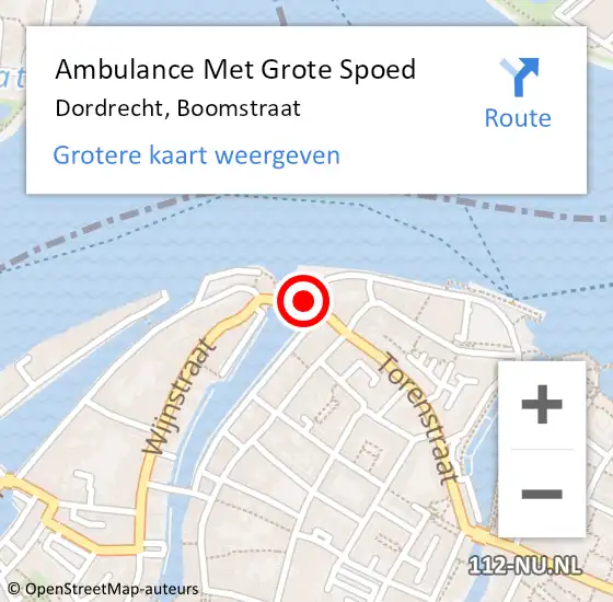 Locatie op kaart van de 112 melding: Ambulance Met Grote Spoed Naar Dordrecht, Boomstraat op 12 augustus 2022 22:18