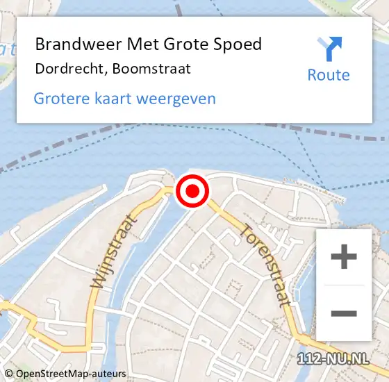 Locatie op kaart van de 112 melding: Brandweer Met Grote Spoed Naar Dordrecht, Boomstraat op 12 augustus 2022 22:22