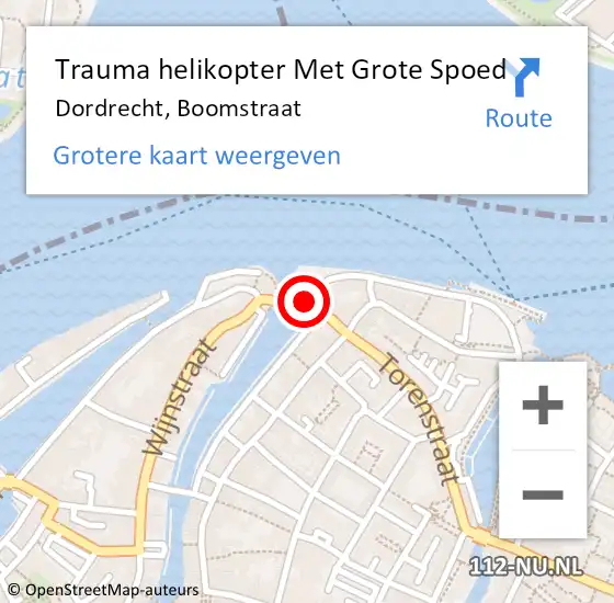 Locatie op kaart van de 112 melding: Trauma helikopter Met Grote Spoed Naar Dordrecht, Boomstraat op 12 augustus 2022 22:35
