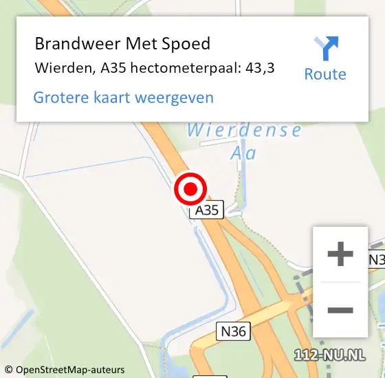 Locatie op kaart van de 112 melding: Brandweer Met Spoed Naar Wierden, A35 hectometerpaal: 43,3 op 13 augustus 2022 03:39