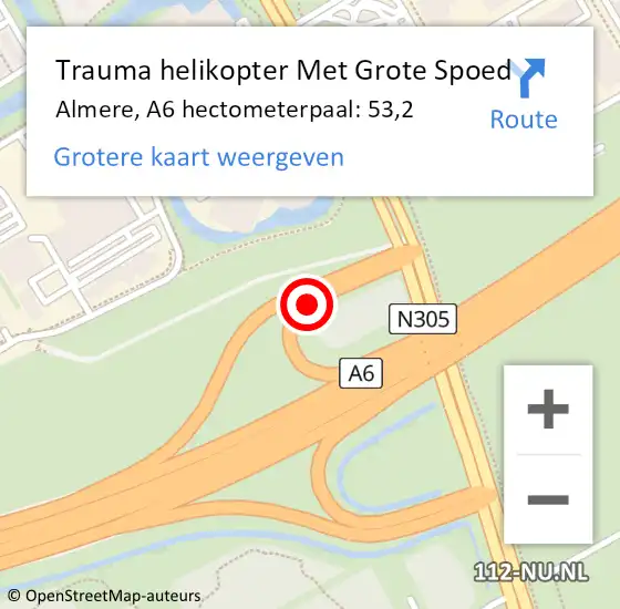 Locatie op kaart van de 112 melding: Trauma helikopter Met Grote Spoed Naar Almere, A6 hectometerpaal: 53,2 op 13 augustus 2022 20:00