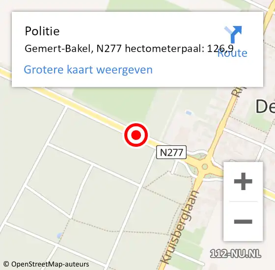 Locatie op kaart van de 112 melding: Politie Gemert-Bakel, N277 hectometerpaal: 126,9 op 14 augustus 2022 15:55