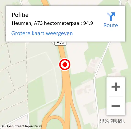 Locatie op kaart van de 112 melding: Politie Heumen, A73 hectometerpaal: 94,9 op 14 augustus 2022 19:44
