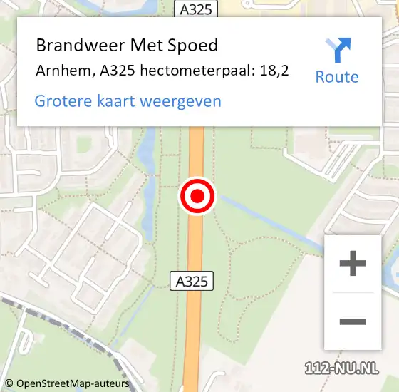 Locatie op kaart van de 112 melding: Brandweer Met Spoed Naar Arnhem, A325 hectometerpaal: 18,2 op 14 augustus 2022 19:54