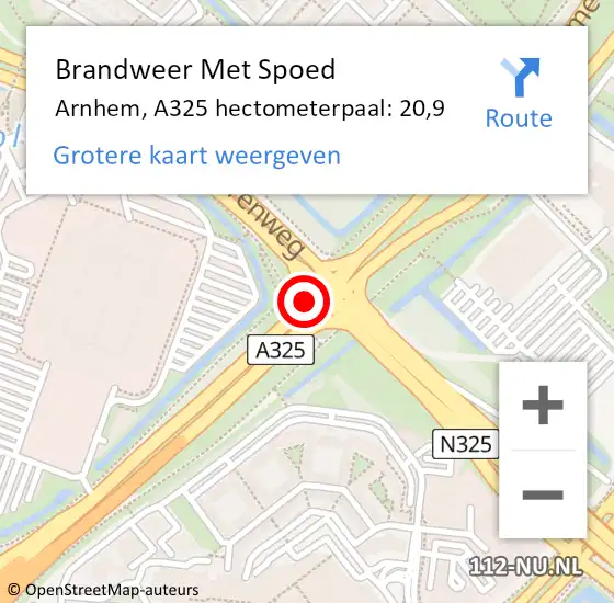 Locatie op kaart van de 112 melding: Brandweer Met Spoed Naar Arnhem, A325 hectometerpaal: 20,9 op 15 augustus 2022 01:13