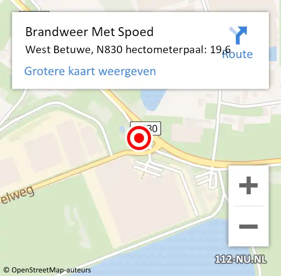 Locatie op kaart van de 112 melding: Brandweer Met Spoed Naar West Betuwe, N830 hectometerpaal: 19,6 op 15 augustus 2022 13:26