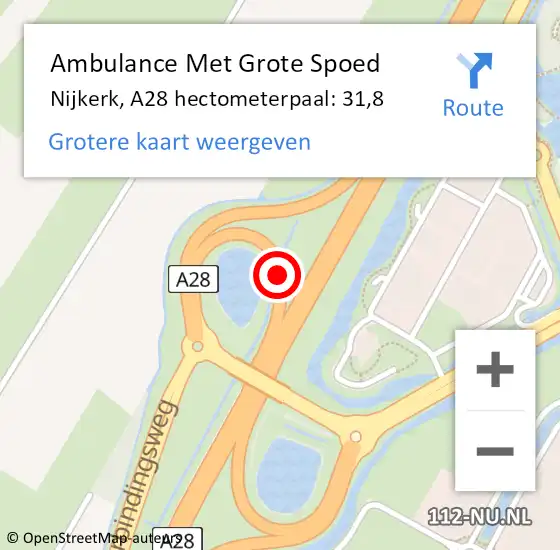 Locatie op kaart van de 112 melding: Ambulance Met Grote Spoed Naar Nijkerk, A28 hectometerpaal: 31,8 op 15 augustus 2022 16:26