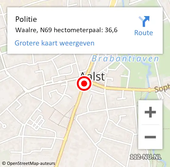Locatie op kaart van de 112 melding: Politie Waalre, N69 hectometerpaal: 36,6 op 16 augustus 2022 11:17