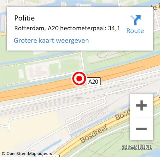 Locatie op kaart van de 112 melding: Politie Rotterdam, A20 hectometerpaal: 34,1 op 16 augustus 2022 16:11