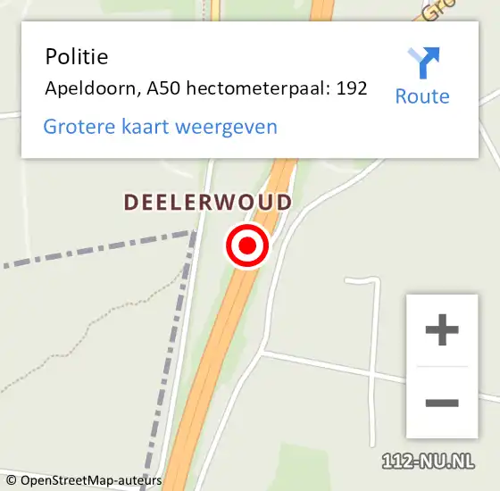 Locatie op kaart van de 112 melding: Politie Apeldoorn, A50 hectometerpaal: 192 op 16 augustus 2022 17:03