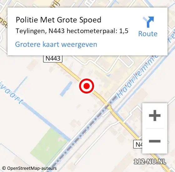 Locatie op kaart van de 112 melding: Politie Met Grote Spoed Naar Teylingen, N443 hectometerpaal: 1,5 op 16 augustus 2022 17:51