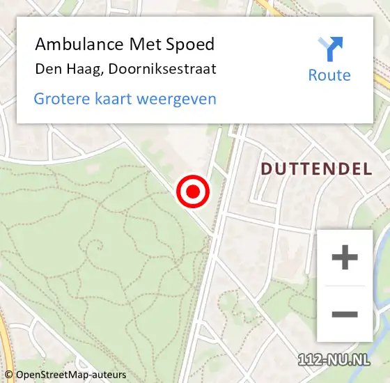 Locatie op kaart van de 112 melding: Ambulance Met Spoed Naar Den Haag, Doorniksestraat op 16 augustus 2022 22:38