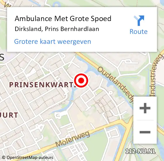 Locatie op kaart van de 112 melding: Ambulance Met Grote Spoed Naar Dirksland, Prins Bernhardlaan op 16 augustus 2022 22:57