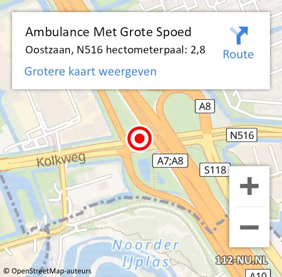 Locatie op kaart van de 112 melding: Ambulance Met Grote Spoed Naar Oostzaan, N516 hectometerpaal: 2,8 op 16 augustus 2022 23:41