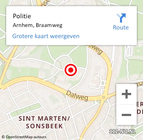 Locatie op kaart van de 112 melding: Politie Arnhem, Braamweg op 17 augustus 2022 14:21