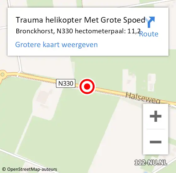 Locatie op kaart van de 112 melding: Trauma helikopter Met Grote Spoed Naar Bronckhorst, N330 hectometerpaal: 11,2 op 17 augustus 2022 15:03