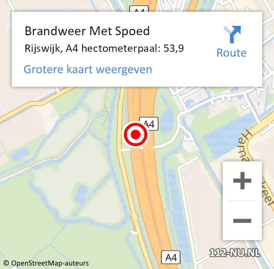 Locatie op kaart van de 112 melding: Brandweer Met Spoed Naar Rijswijk, A4 hectometerpaal: 53,9 op 17 augustus 2022 17:45