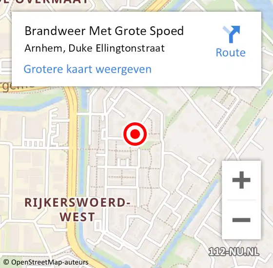 Locatie op kaart van de 112 melding: Brandweer Met Grote Spoed Naar Arnhem, Duke Ellingtonstraat op 18 augustus 2022 01:30