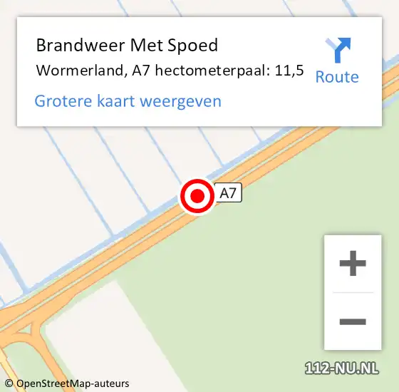 Locatie op kaart van de 112 melding: Brandweer Met Spoed Naar Wormerland, A7 hectometerpaal: 11,5 op 18 augustus 2022 10:38