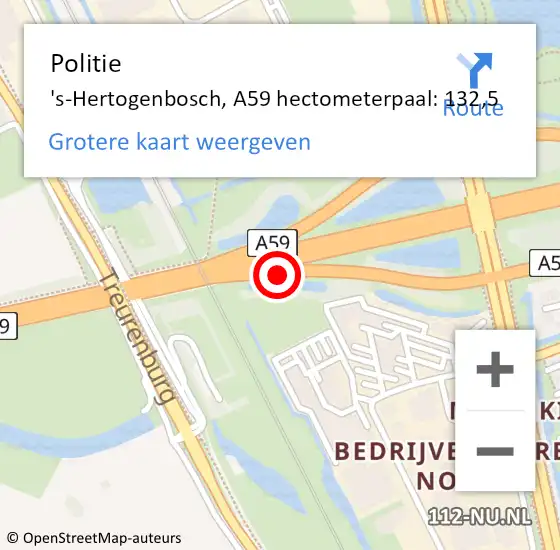 Locatie op kaart van de 112 melding: Politie 's-Hertogenbosch, A59 hectometerpaal: 132,5 op 18 augustus 2022 13:17